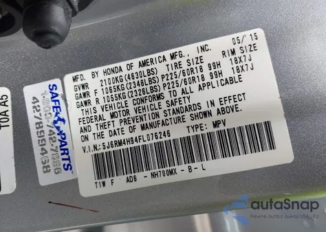 2015 Honda Cr-V Touring from USA, damaged, VIN 5J6RM4H94FL076246